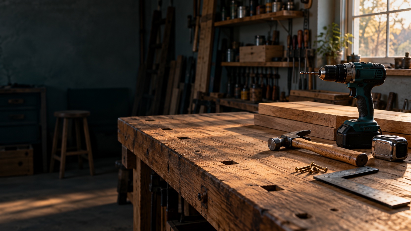 Illustrative carpentry workshop with a wood workbench and tools