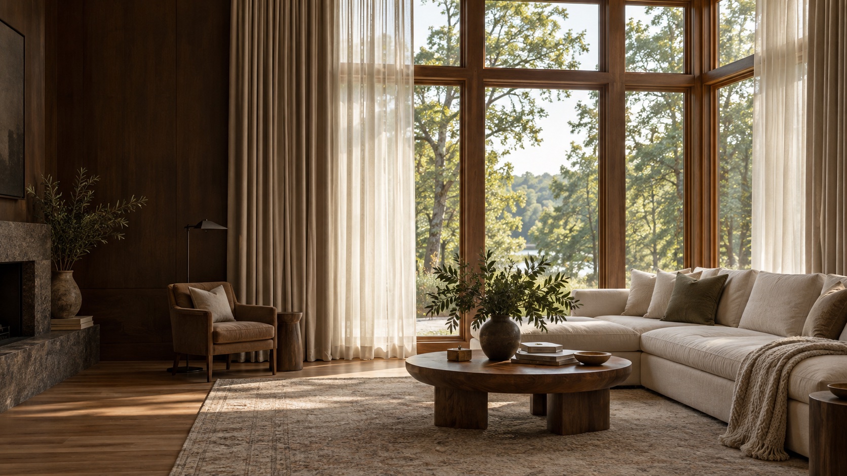 Illustrative sunlit living room with natural wood finishes